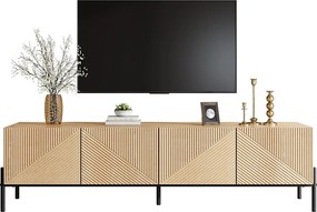 Nowoczesna szafka RTV - 163,5 x 40 x 45 cm - z 4 drzwiami - geometryczny wzór i faktura 3D - MDF - naturalny