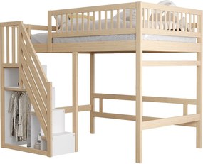 Łóżko piętrowe dla dzieci - 140 x 200 cm - schody z schowkiem - drewno - naturalne