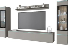Zestaw mebli do salonu z LED 4 elementy – szafka RTV 180 cm, 2 witryny i półka, meblościanka stojąca lub wisząca szary pallad