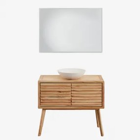 Zestaw Mebli Łazienkowych Z Drewna Deleyna Naturalna & Cement Okrągły Biały Ø40 Cm Zavion & Prostokątna Lampa Led - Sklum