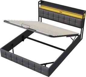 Łóżko 140x190 cm z zagłówkiem LED i schowkiem z podnośnikiem gazowym, USB-C i ładowarką USB, oświetleniem RGB – Szara tkanina lniana