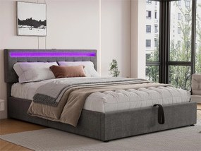 Łóżko z pojemnikiem 160x200 cm z tkaniny lnianej z LED - gniazda USB i Type-C na łóżku - z stelażem na listwy - Szary
