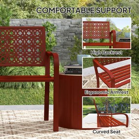 Outsunny Ławka zewnętrzna, ogrodowa z Stali, Wycinane Oparcie, Podłokietniki, dla 2 Osób, Czerwona