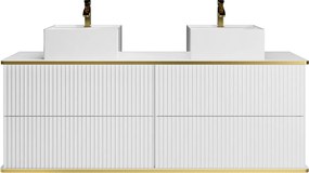 Szafka łazienkowa wisząca  ryflowana ze złotą listwą i dwoma kwadratowymi umywalkami nablatowymi - Biały - 150 cm - KELIZA