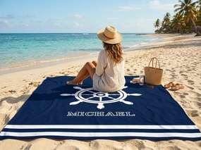 Szybkoschnący ręcznik plażowy XXL HELMORA niebiesko-biały 150 x 210 cm, 100% mikrofibra